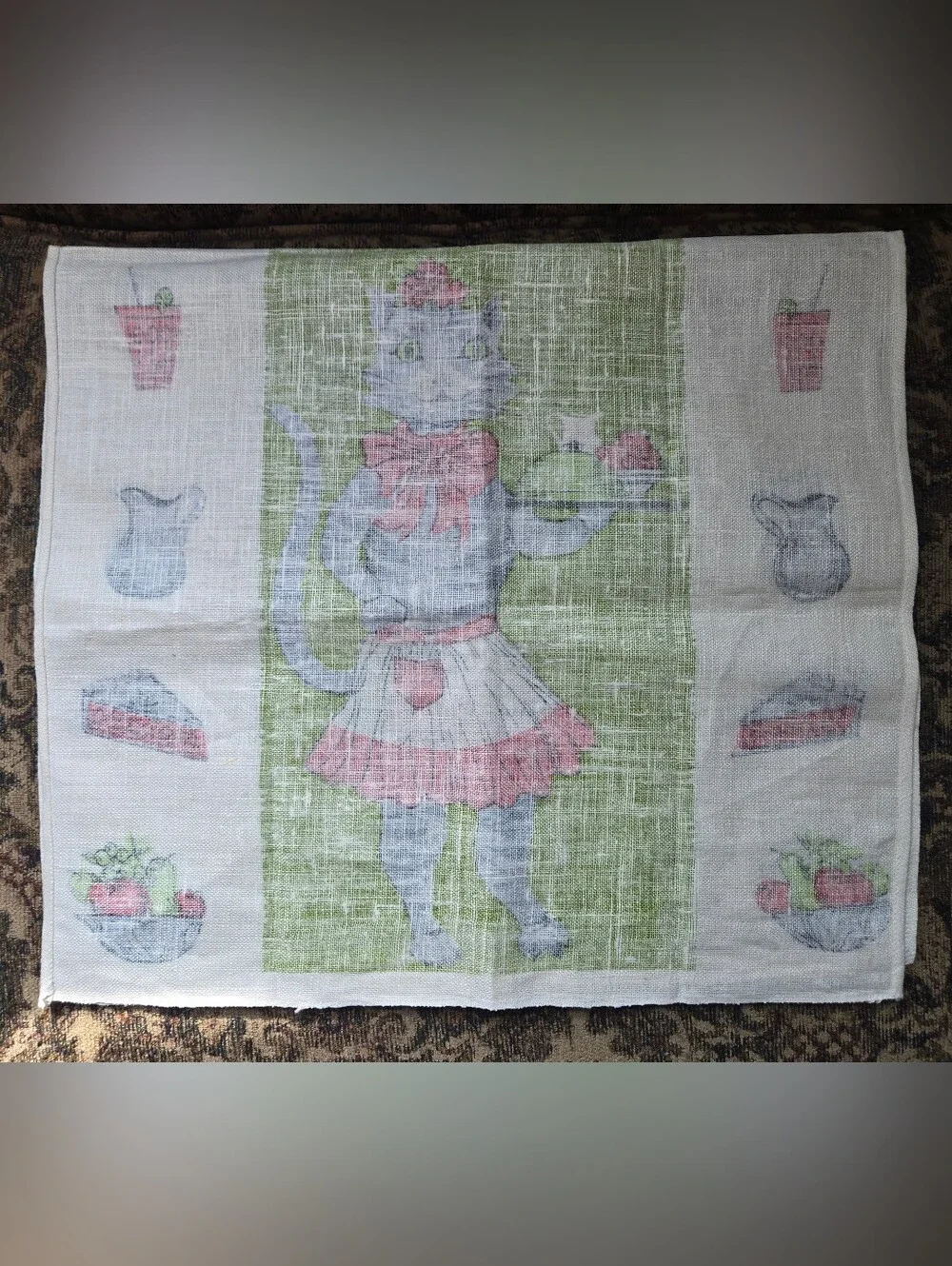 Vintage Pure Linen Parisian Prints Tea Towel Anthropomorphic Cat Waitress 70s